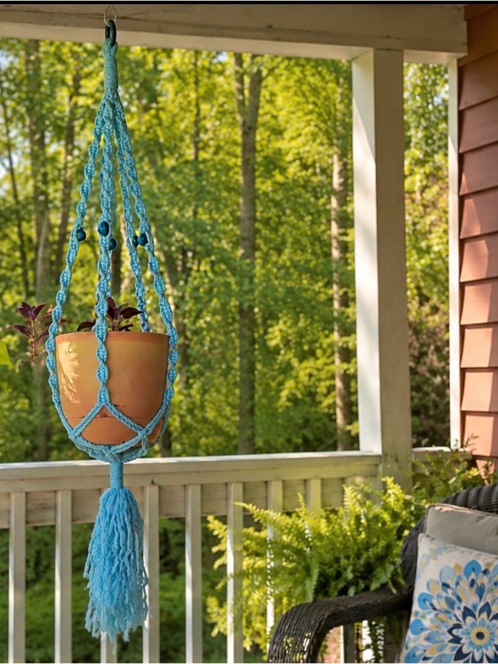 Handmade Sky Blue Macrame Plant Hanger with Tassel